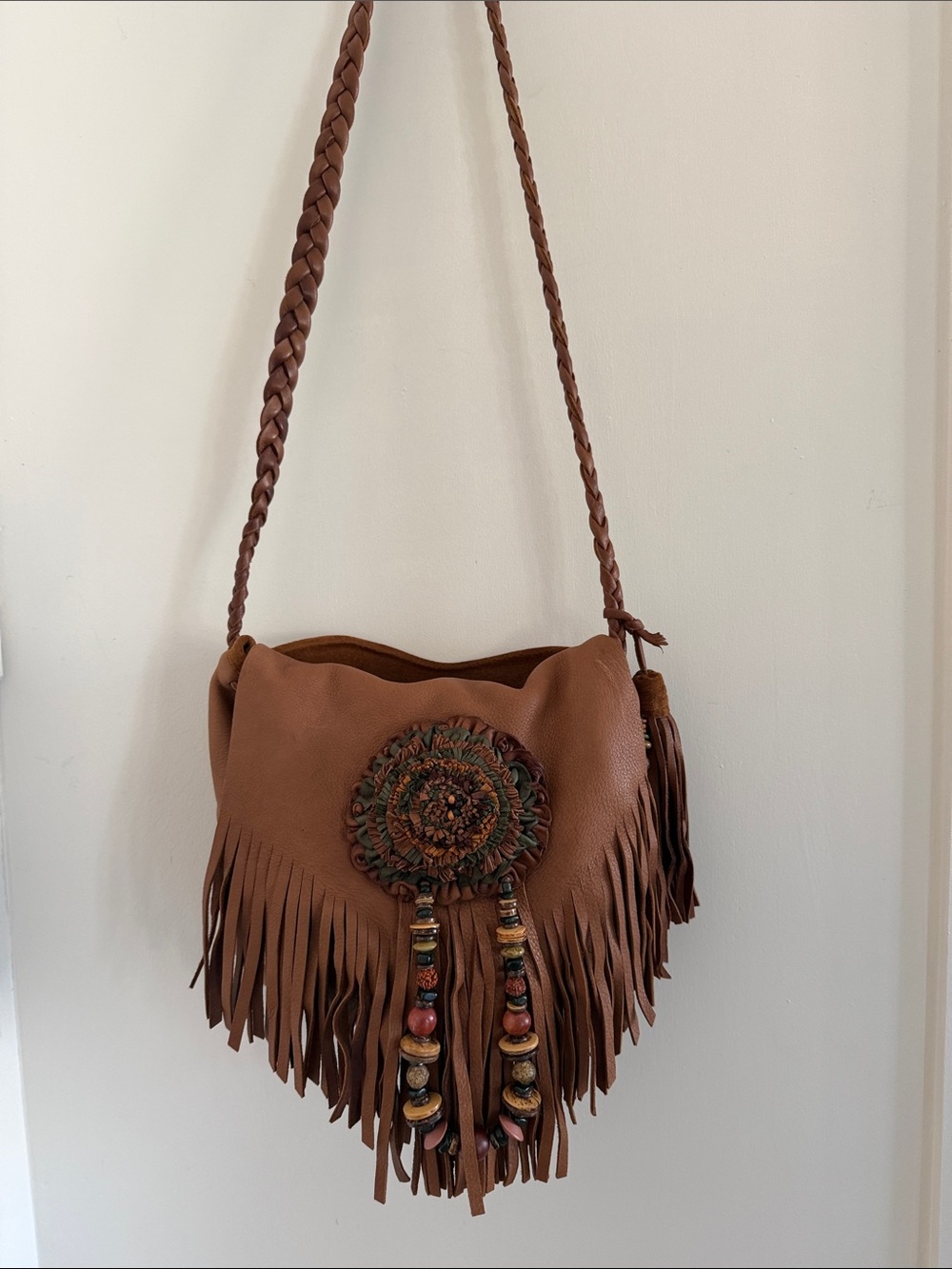 England Leather LTD Custom Made Boho Style Brown Fringe Bag w/ Braided Strap